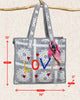 oversized tote bag with a quilted texture and embroidered "love" in bold colors