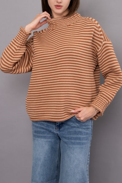 knit pullover in two tone brown stripes with a special funnel neckline