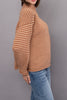 knit pullover in two tone brown stripes with a special funnel neckline