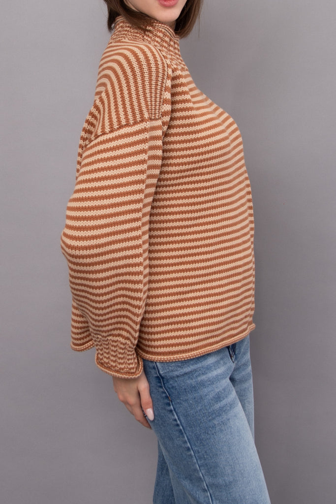 knit pullover in two tone brown stripes with a special funnel neckline
