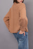 knit pullover in two tone brown stripes with a special funnel neckline