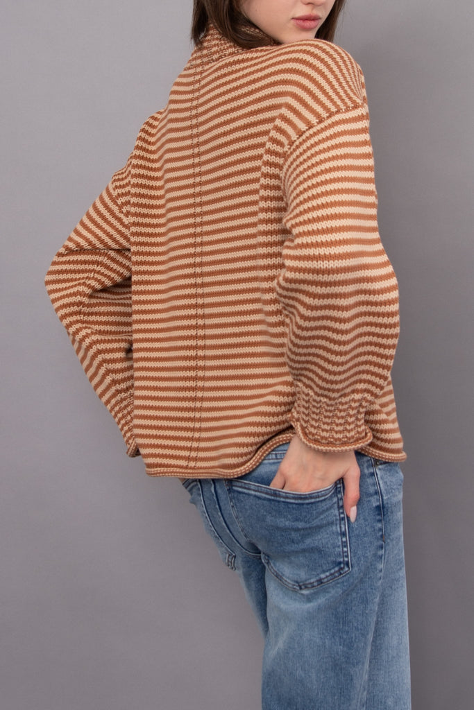 knit pullover in two tone brown stripes with a special funnel neckline