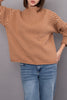 knit pullover in two tone brown stripes with a special funnel neckline