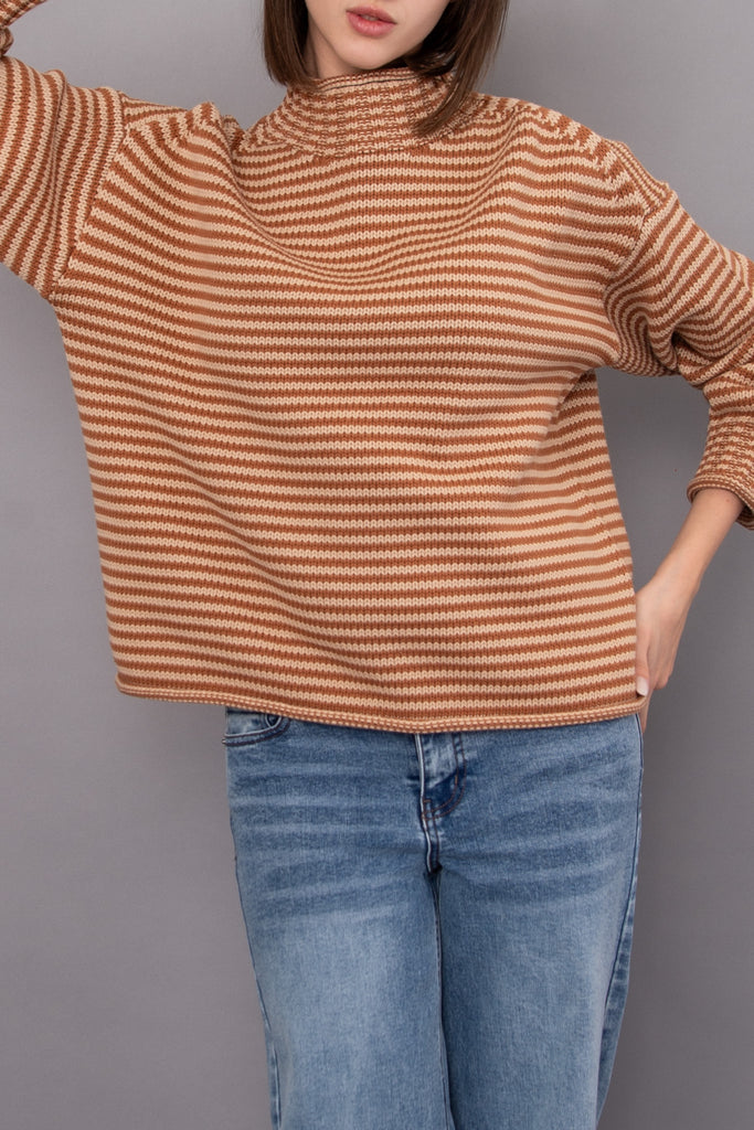 knit pullover in two tone brown stripes with a special funnel neckline