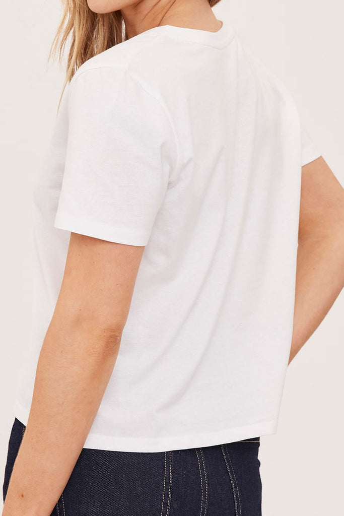 classic white v neck tee with a cropped fit