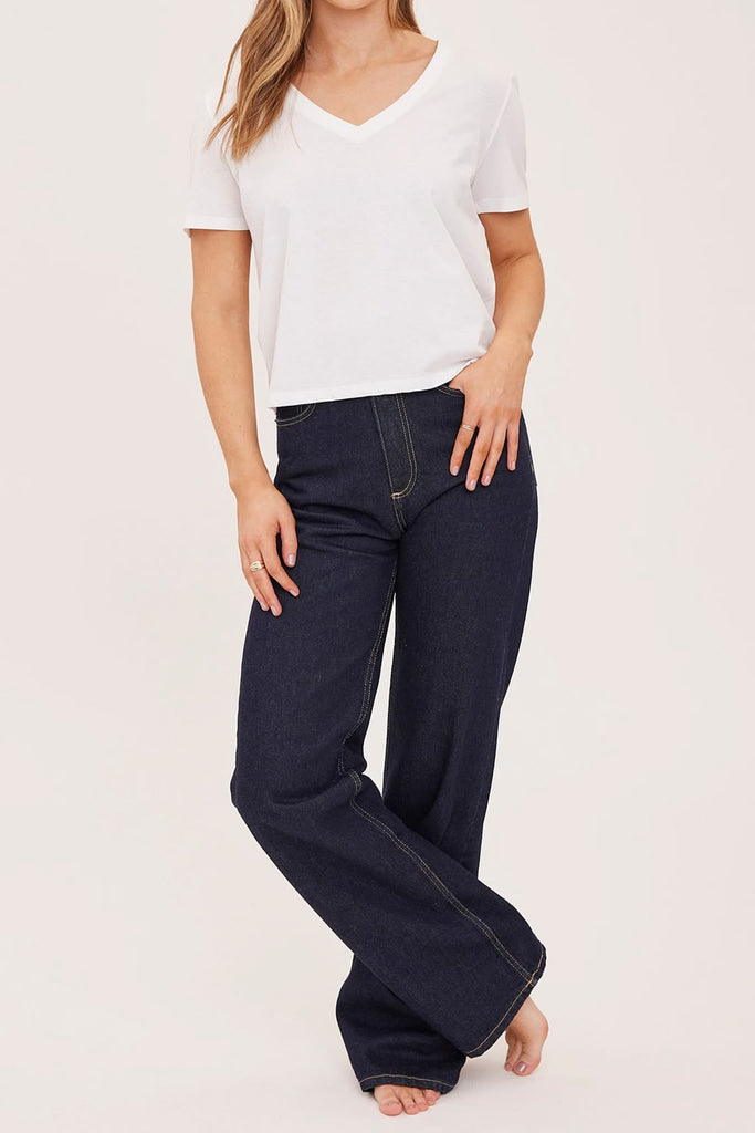 classic white v neck tee with a cropped fit