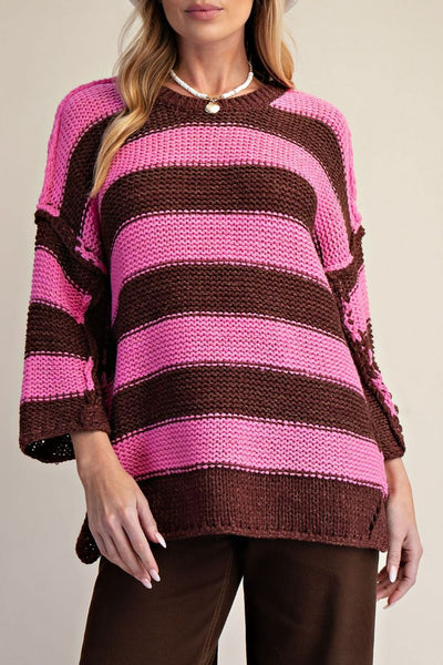 oversized knit sweater in burgundy and magenta stripes