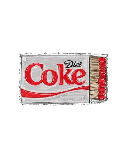 illustration of a matchbox featuring the diet coke logo in grey, black, and red
