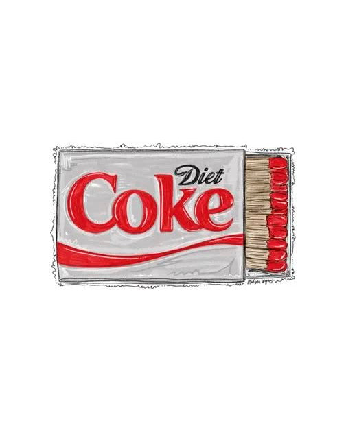 illustration of a matchbox featuring the diet coke logo in grey, black, and red