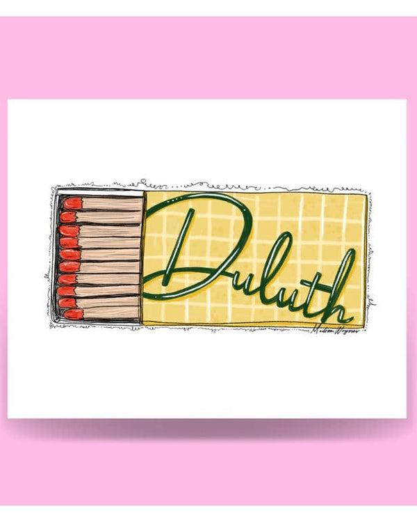 matchbox art print with "duluth" in green cursive script