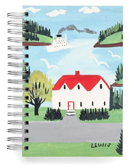 spiral-bound notebook featuring original artwork by canadian folk artist maud lewis
