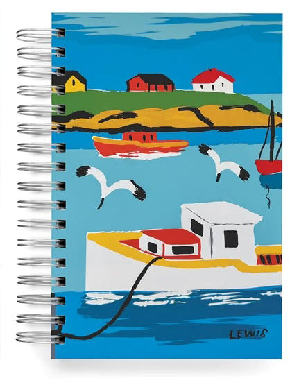 spiral-bound notebook featuring original artwork by canadian folk artist maud lewis