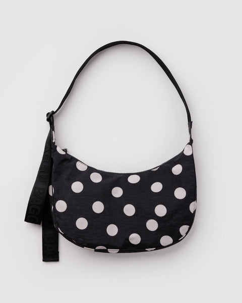 medium nylon crescent bag in black and cream polka dot from baggu