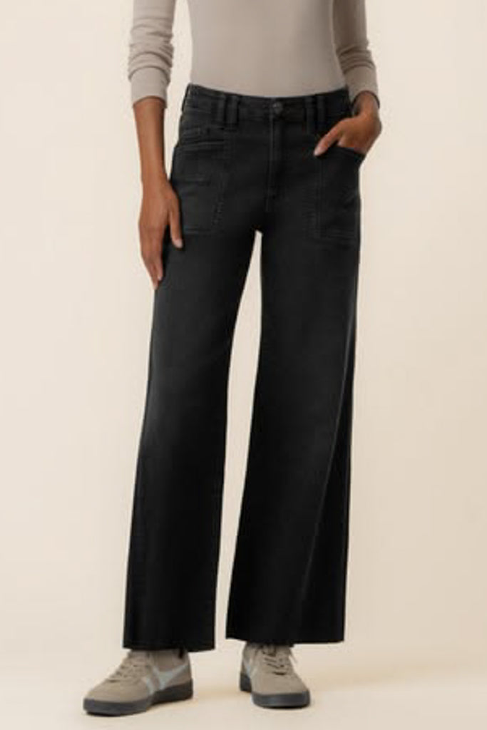 washed black wide leg jeans with unique inset pockets.
