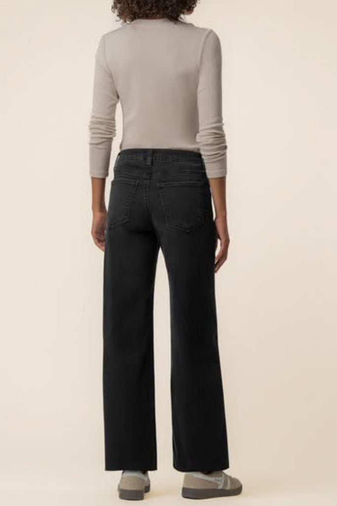 washed black wide leg jeans with unique inset pockets.