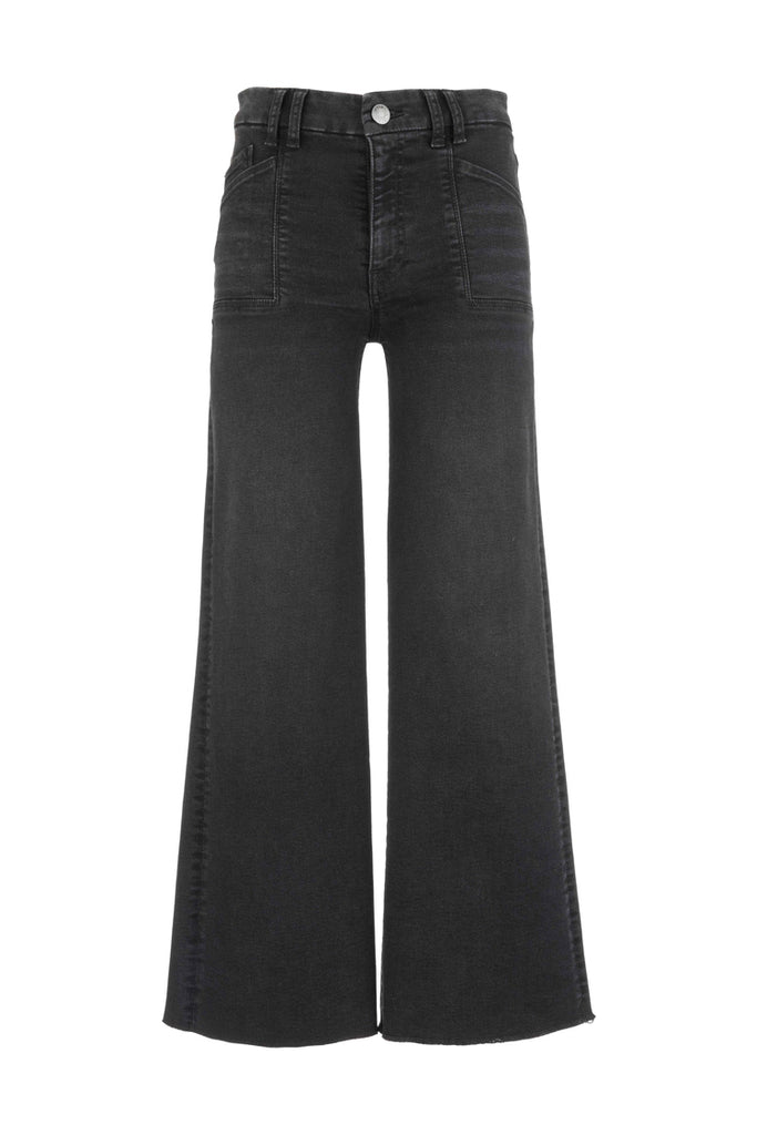 washed black wide leg jeans with unique inset pockets.
