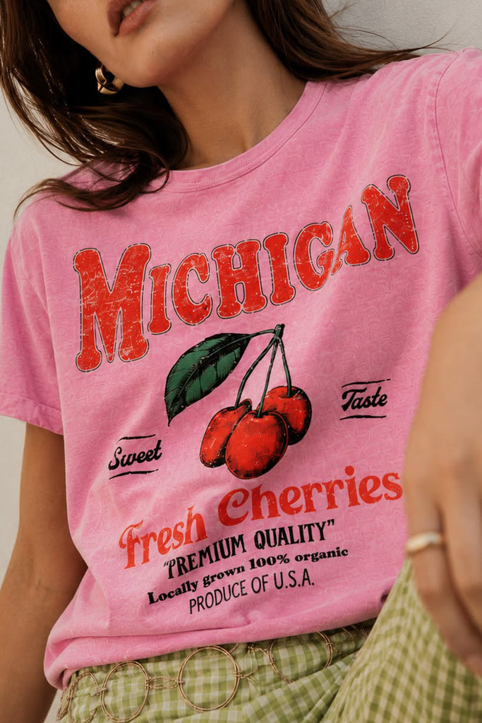 acid washed pink tee with a michigan cherries vintage-inspired graphic