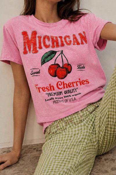 acid washed pink tee with a michigan cherries vintage-inspired graphic