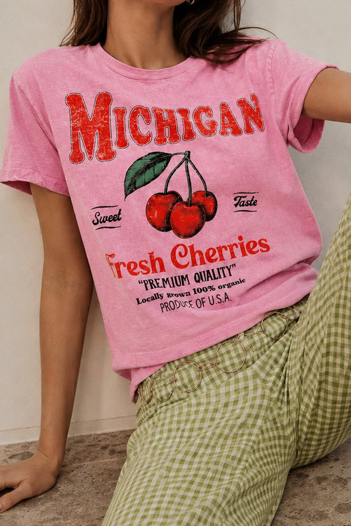 acid washed pink tee with a michigan cherries vintage-inspired graphic