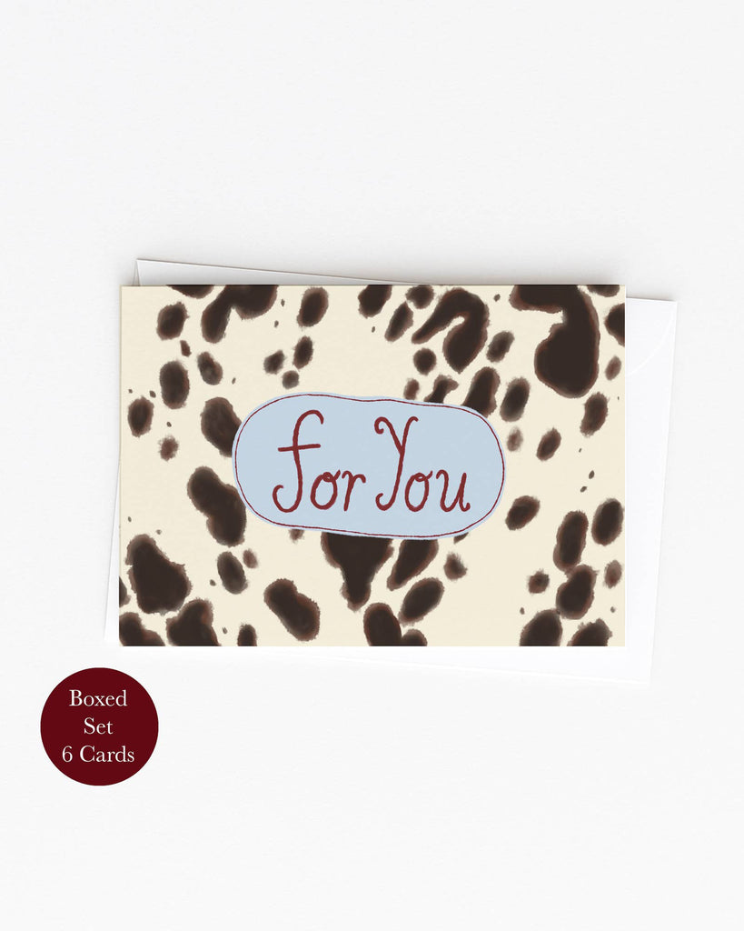 mini greeting cards set with a cow print and the message "for you" 