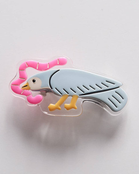 mini french barrette featuring an early bird catching a worm