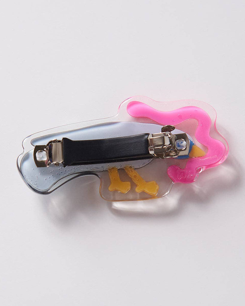 mini french barrette featuring an early bird catching a worm, reverse side