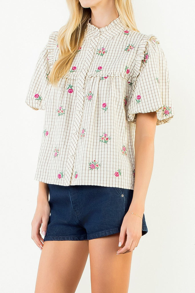 button down top in a grid plaid pattern with lovely embroidered floral details throughout