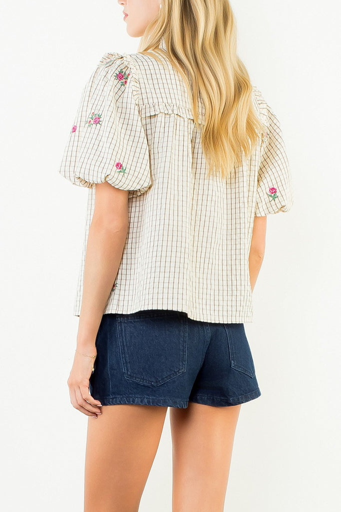 button down top in a grid plaid pattern with lovely embroidered floral details throughout