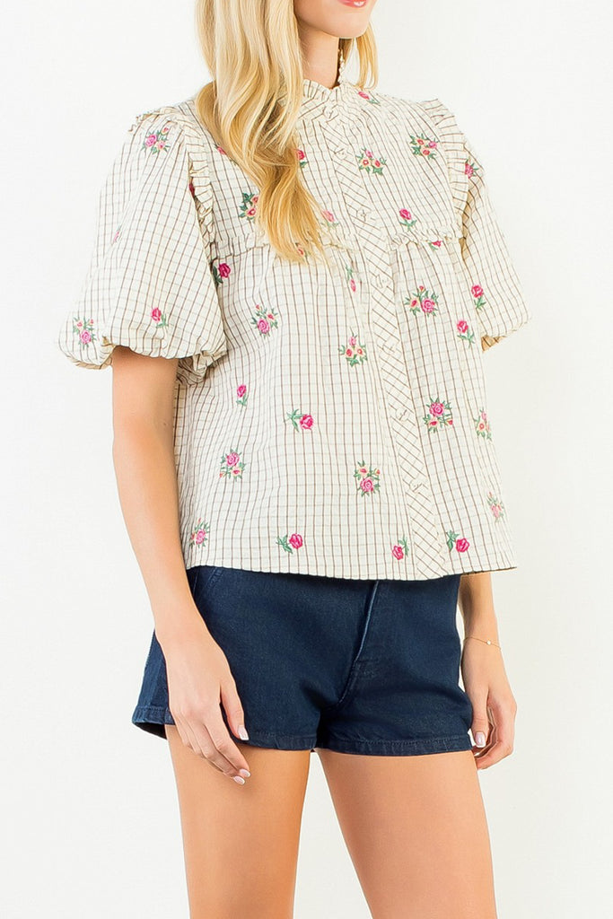 button down top in a grid plaid pattern with lovely embroidered floral details throughout