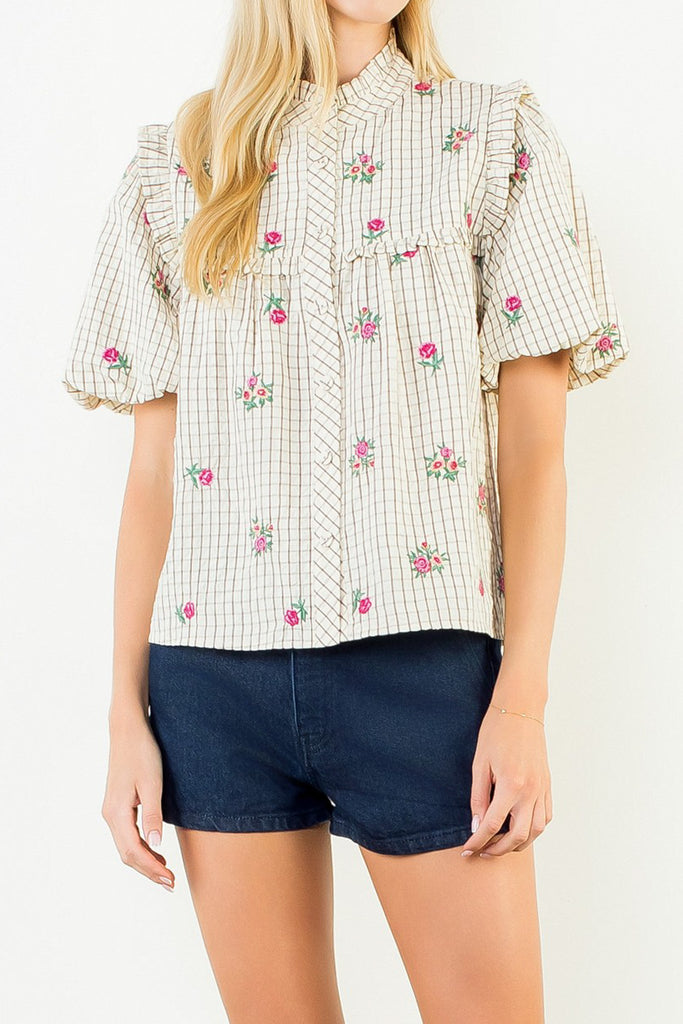 button down top in a grid plaid pattern with lovely embroidered floral details throughout