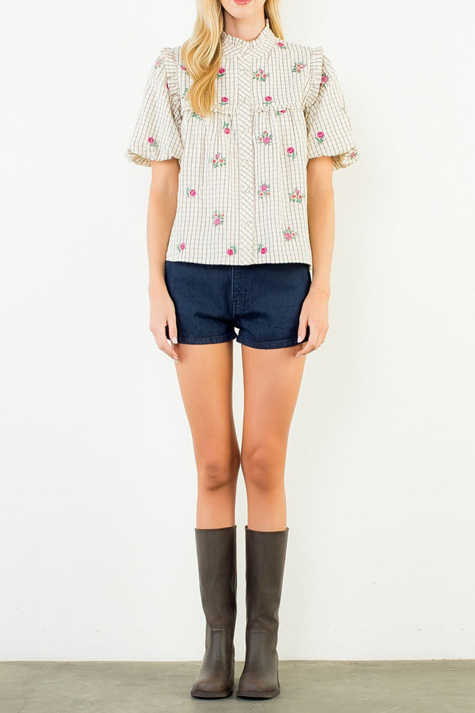 button down top in a grid plaid pattern with lovely embroidered floral details throughout