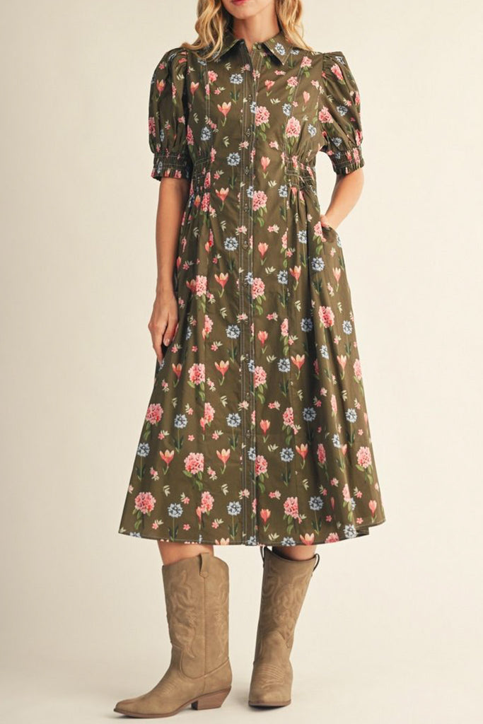 prairie-inspired floral midi dress