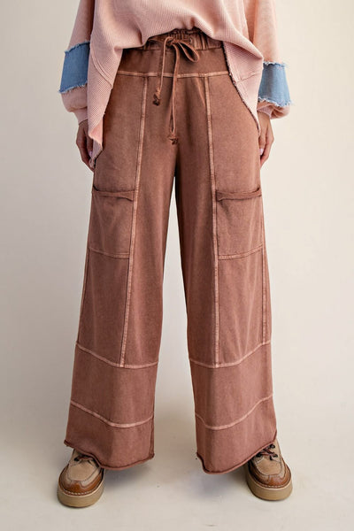 wide leg sweatpants in washed mocha brown with unique pocket detailing