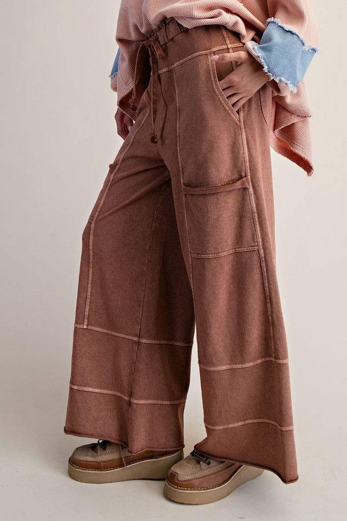 wide leg sweatpants in washed mocha brown with unique pocket detailing
