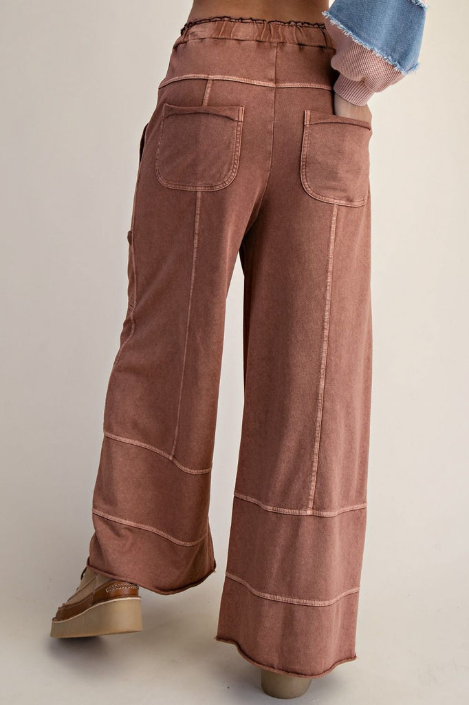 wide leg sweatpants in washed mocha brown with unique pocket detailing