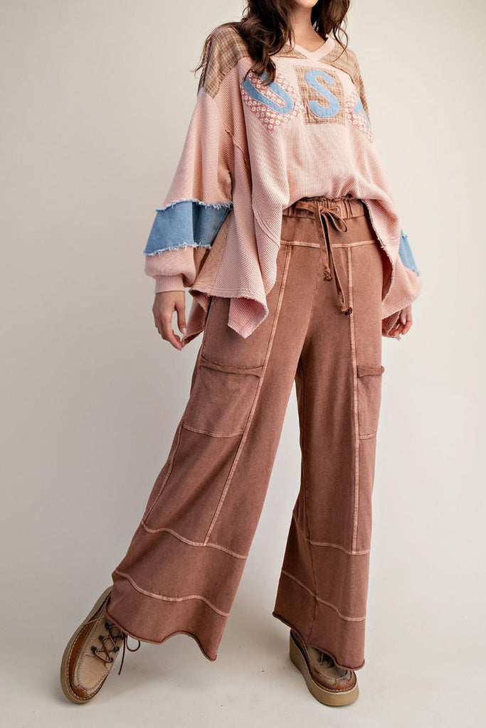 wide leg sweatpants in washed mocha brown with unique pocket detailing