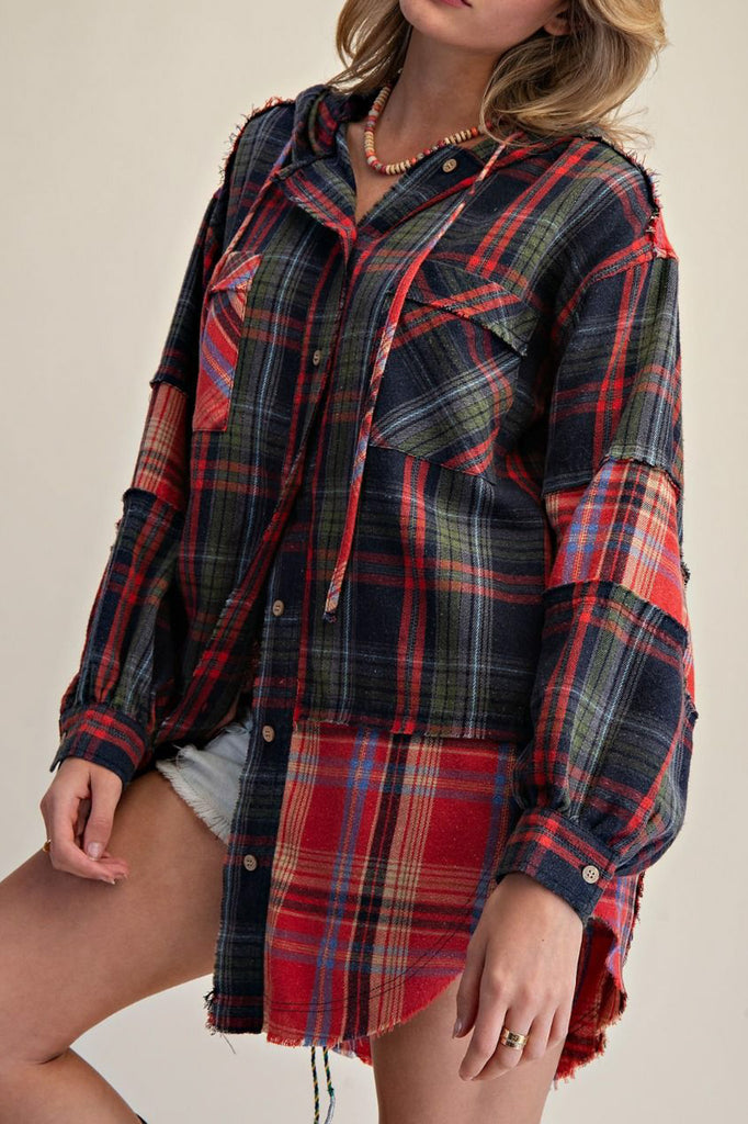 oversized button down hoodie with a mixed plaid design