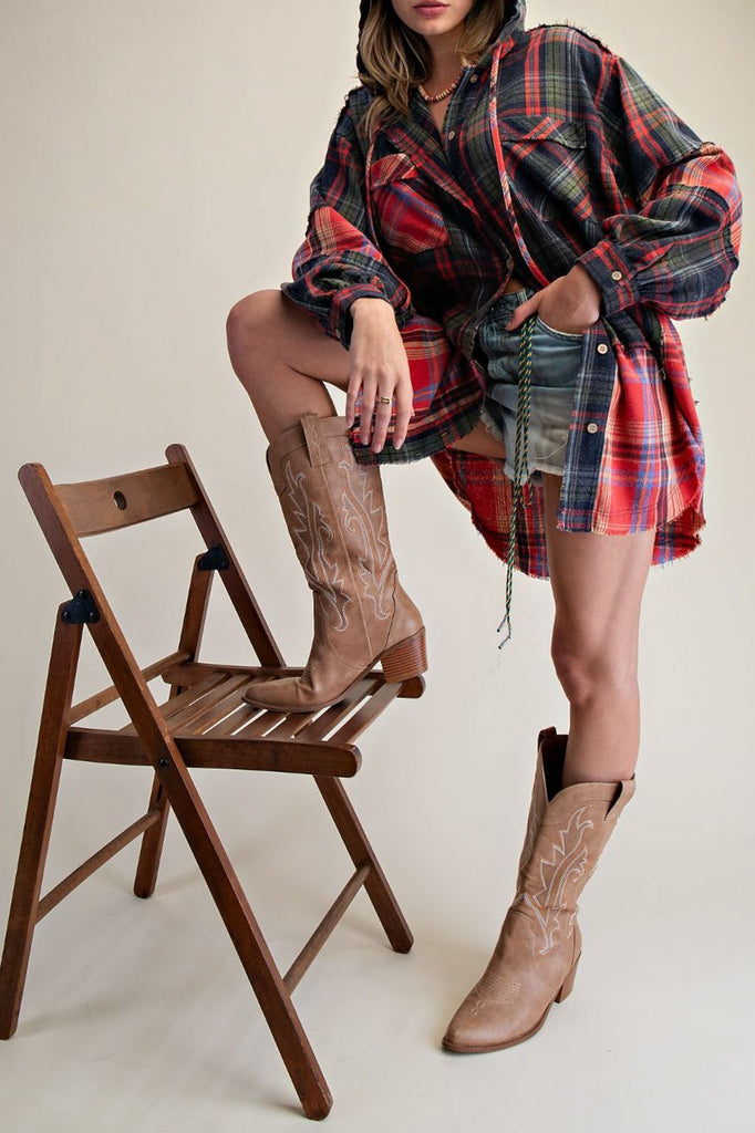 oversized button down hoodie with a mixed plaid design
