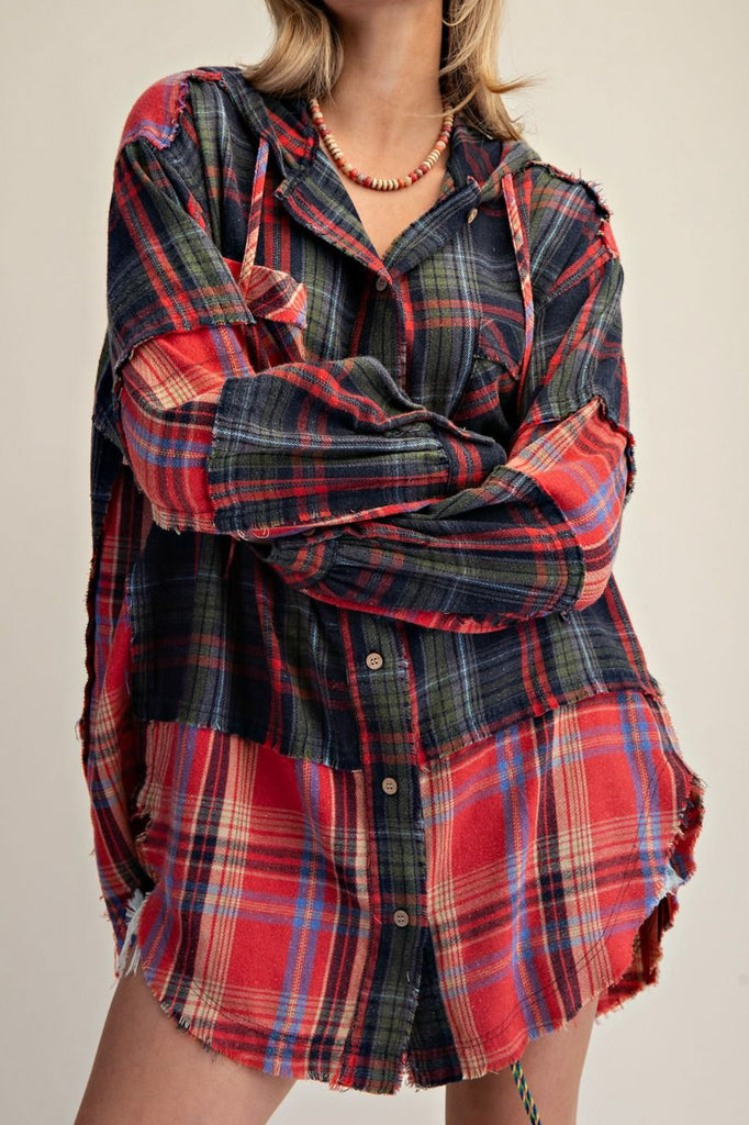 oversized button down hoodie with a mixed plaid design