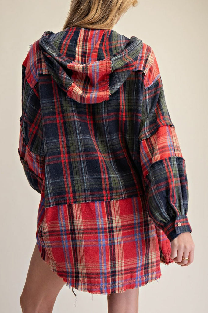 oversized button down hoodie with a mixed plaid design