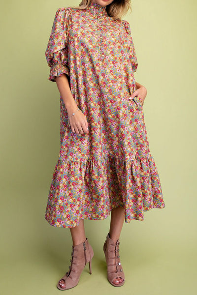 easy to wear midi dress in a sage green, lilac, and pink floral pattern