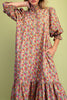 easy to wear midi dress in a sage green, lilac, and pink floral pattern