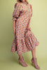 easy to wear midi dress in a sage green, lilac, and pink floral pattern