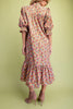 easy to wear midi dress in a sage green, lilac, and pink floral pattern