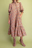 easy to wear midi dress in a sage green, lilac, and pink floral pattern