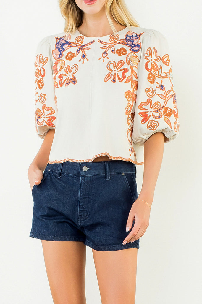 beautifully embroidered top with puff sleeves and a colorful design