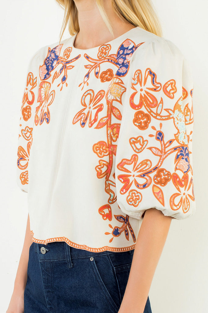 beautifully embroidered top with puff sleeves and a colorful design