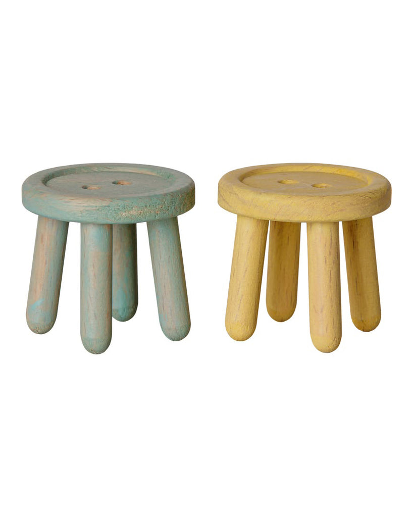 maileg mouse stool set in mint and yellow, stools are shaped like buttons