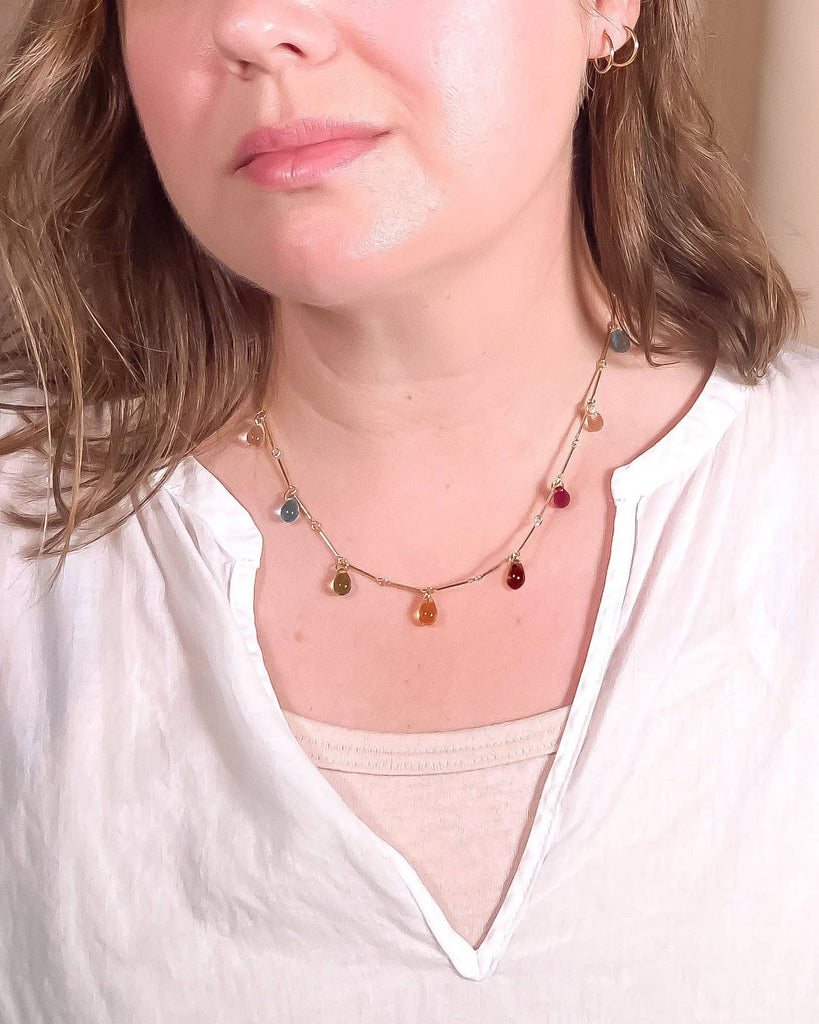 fringe necklace with multicolored tear drops in warm tones