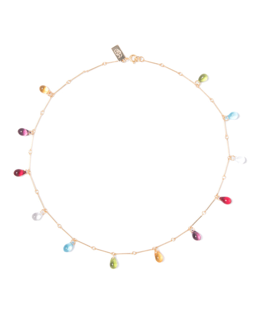 fringe necklace with multicolored tear drops in warm tones